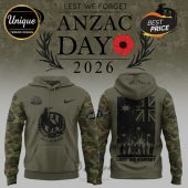 Olive hoodie with camo sleeves: ANZAC Day 2026, Lest We Forget text, Australian flag, Collingwood logo!