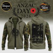 Military green hoodie. ANZAC Day 2026 text, Collingwood details, soldier & flag graphics, camo sleeves. Lest We Forget design!