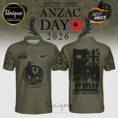 ANZAC Day 2026 polo shirt featuring Collingwood Magpies logo, Australian flag, and 'Lest We Forget' text.!