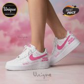 Custom Sneakers! White shoes with pink swoosh, MEGAN MORONEY name, Cloud 9 text. Trendy, personalized kicks!