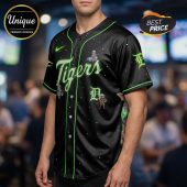 Black Detroit Tigers baseball jersey with green trim and 'Tigers' text! Features Star Wars Mandalorian character art!