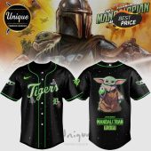 Grogu Tigers baseball jersey! Black shirt, green trim. Features Star Wars Mandalorian art with 'Tigers' text!
