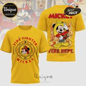Yellow tee with Mickey Mouse dressed as a firefighter in a Maltese cross design and on the back of the shirt.!