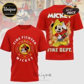 Red t-shirts featuring Mickey Mouse as a firefighter, with