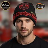 Black beanie with red Dodge logo and ram. Customizable name plate on winter hat!