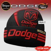 Black Dodge beanie with red text: Dodge, Dodge Since 1900, CUSTOM NAME. Car enthusiast apparel!
