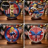 Four Dolly Parton patriotic medallions; red, white, blue, gold colors! Retro art style, featuring 'Dolly Parton,' 'Freedom' text!