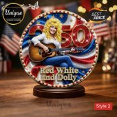Red white blue patriotic Dolly Parton guitar decor with '50' and 'Red White and Dolly' text!