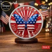 Silver Dolly Parton 250 Years of Freedom medallion, red white blue American flag butterfly, radial stripe background!