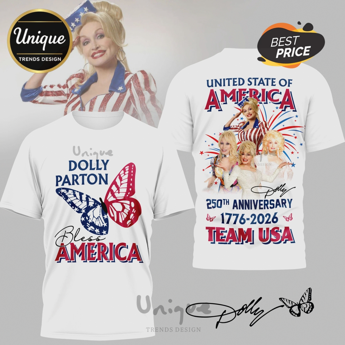 Dolly Parton 250th Anniversary America Bless USA Team Graphic T-Shirt Dolly Parton 250th Anniversary America Bless USA Team Graphic T-Shirt