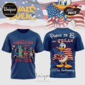 Blue patriotic Donald Duck tee! Front: AMERICA 250 1776-2026 with cartoon characters! Back: PROUD TO BE AMERICAN 250TH ANNIVERSARY with Donald Duck and flag!