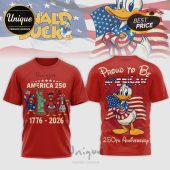 Red Donald Duck patriotic T-shirt! Front: 'AMERICA 250 1776-2026' with various Donald costumes! Back: 'PROUD TO BE AMERICAN 250TH ANNIVERSARY' flag design!