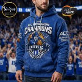 Blue Duke hoodie: 2026 ACC Tournament Champions, Duke Blue Devils logo, basketball net graphic!