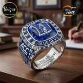 Duke Blue Devils ring! Silver band, blue gemstone, reads 'Duke', 'Blue Devils', '2026 ACC Tournament Champions'.!