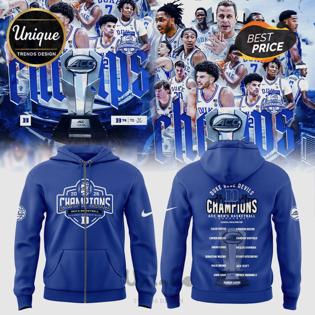 Duke Blue Devils 2026 Champions Basketball Team Zip Hoodie Duke Blue Devils 2026 Champions Basketball Team Zip Hoodie