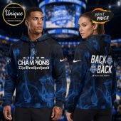 Duke Blue Devils hoodie. Back to Back, Champions, The Brotherhood text in white, blue flames, black background!