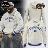 White hoodie, BLUE DEVILS text, blue logo, DUKE graphic on sleeve, Nike logo. Athleisure design!
