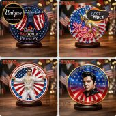 Elvis Presley Merch! Red, White, Blue coin style art. Texts: Red White and Presley, America 250, United States of America 250th Anniversary.!