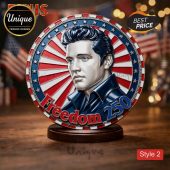 Elvis Presley coin art! Patriotic red white blue with 'Freedom 250' text. Rock 'n' roll Americana!