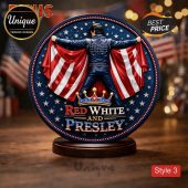Red White and Presley decor! Features Elvis with a USA flag cape. Patriotic star design!