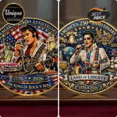 Elvis Presley 250th Anniversary coin art! Reads: America's 250th Anniversary, King of Rock 'n' Roll, Land of Liberty, 1776-2026!