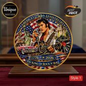 Elvis commemorative coin featuring Graceland, Statue of Liberty, & US flag. Reads: America's 250th Anniversary, The King of Rock 'n' Roll!