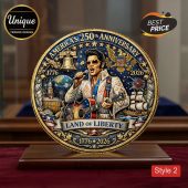 Elvis 250th Anniversary coin art. Reads: AMERICA'S 250th ANNIVERSARY, LAND OF LIBERTY, 1776-2026! Patriotic design!