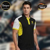 Ferrari polo shirt: Black, white, yellow color block design with logo and 'Ferrari' text!