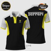 Black, white, yellow polo shirt with Ferrari text and logo. Modern design.!