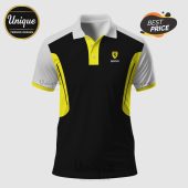 Ferrari polo: black, yellow, white. Ferrari logo. Best Price tag!