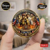 Gold coin: 250th Anniversary of the United States. Firefighters, flags, text: 