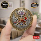 Gold coin: U.S. Semiquincentennial Fire Administration. Features eagle, axes, helmet. Reads AMERICA 250, USFA.!