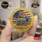 Gold coin featuring US flag, firefighters, and 