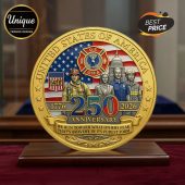 Gold coin with US flag, USFA emblem, 250th anniversary, firefighter, police. 