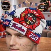 Fire Dept beanie with American flag colors, Maltese cross logo, 'Freedom' text, and the number 250.!