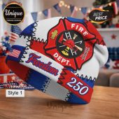 Beanie with a firefighter badge, American flag, and the word 'Freedom'.!