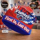 Red beanie with 'Fire Fighter' and 'First In, Last Out' text, and a firefighter emblem on a patriotic background.!