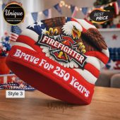 Beanie with American flag, eagle, firefighter emblem, and text 'Brave For 250 Years'.!