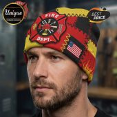 Beanie with red, yellow, black patchwork, 'FIRE DEPT.' text, firefighter symbol, US flag, and flame graphics!