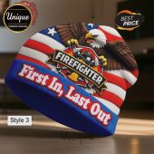 Firefighter beanie: eagle, flag, 'Firefighter' text, 'First In, Last Out'. Red, white, blue colors!
