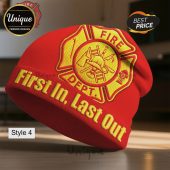 Red beanie with gold text, 'First In, Last Out'. Yellow fire department emblem with axes, ladder, and hydrant graphic!