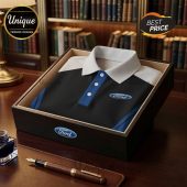 Black and white polo shirt with blue accents and a Ford logo in a box.!