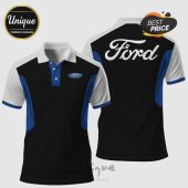 Ford polo shirt featuring the Ford logo on the front and back, in white, blue and black.!