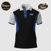 Ford logo polo shirt in black, white, and blue color block design.!