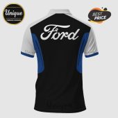 Back of a black, white, and blue polo shirt with 'Ford' printed in white across the upper back.!