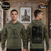 Fremantle Dockers Lest We Forget hoodie with camo sleeves and Australian flag back design.!