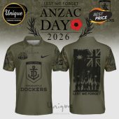 Olive polo shirt featuring Anzac Day 2026 text, poppy, Australian flag, and Fremantle Dockers logo.!