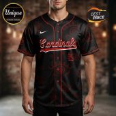 Cardinals baseball jersey with stylized eye patterns in red on black; Nike swoosh on chest.!