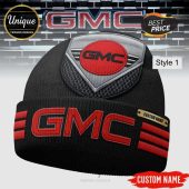 Black knit beanie with red GMC text, shield logo, custom nameplate. Car enthusiast style!