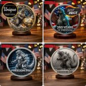 Godzilla commemorative coin designs! Gold and silver medallions with patriotic American themes! Features '250 YEARS OF FREEDOM' and 'FREEDOM 250' text!
